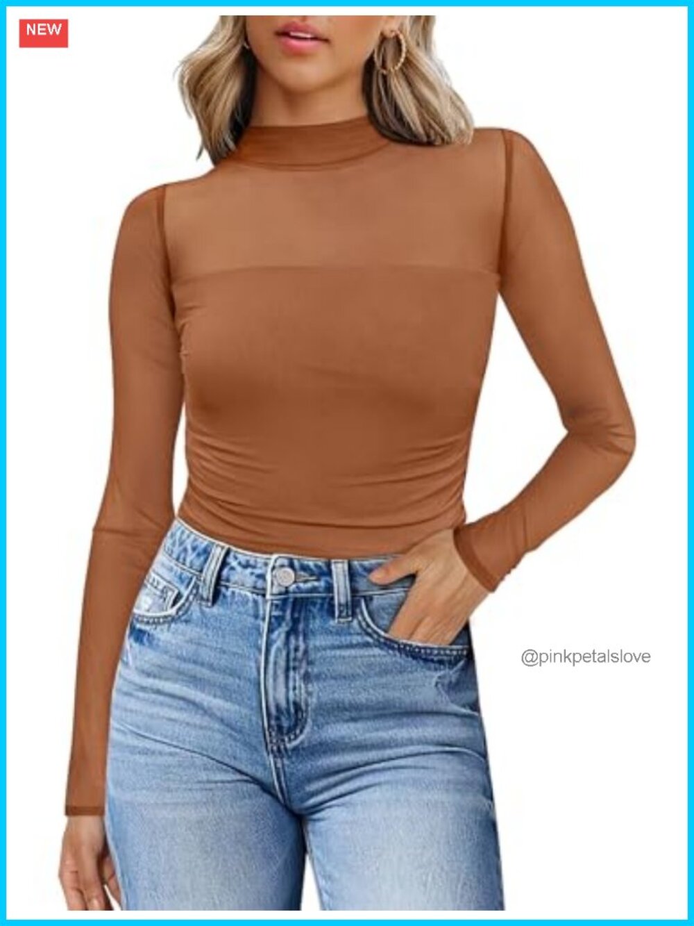 Women's Sheer Mesh Long Sleeve Mock Turtleneck Ruched Slim Fit Blouse